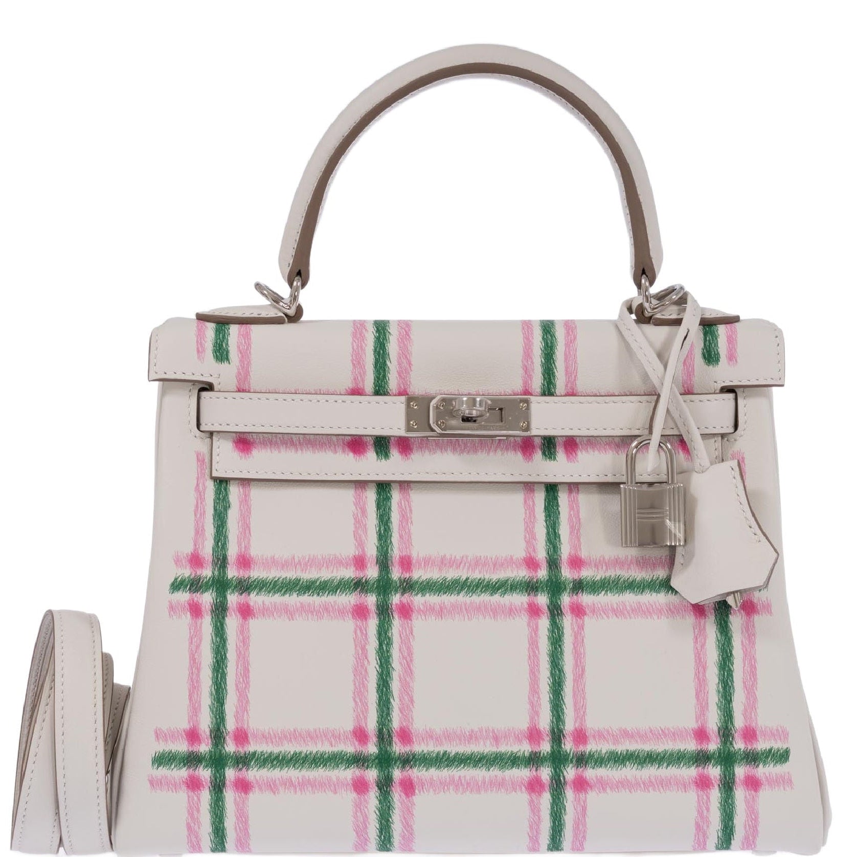 Hermès Kelly 25 Retourne Tartan Light Gris Pale Vert Moyen Bubblegum Swift Palladium Hardware