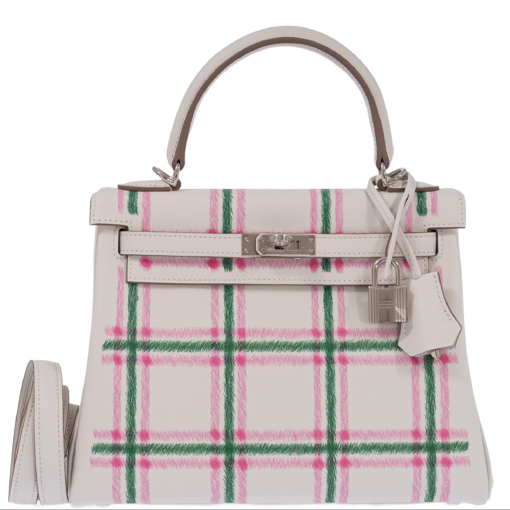 Hermès Kelly 25 Retourne Tartan Light Gris Pale Vert Moyen Bubblegum Swift Palladium Hardware