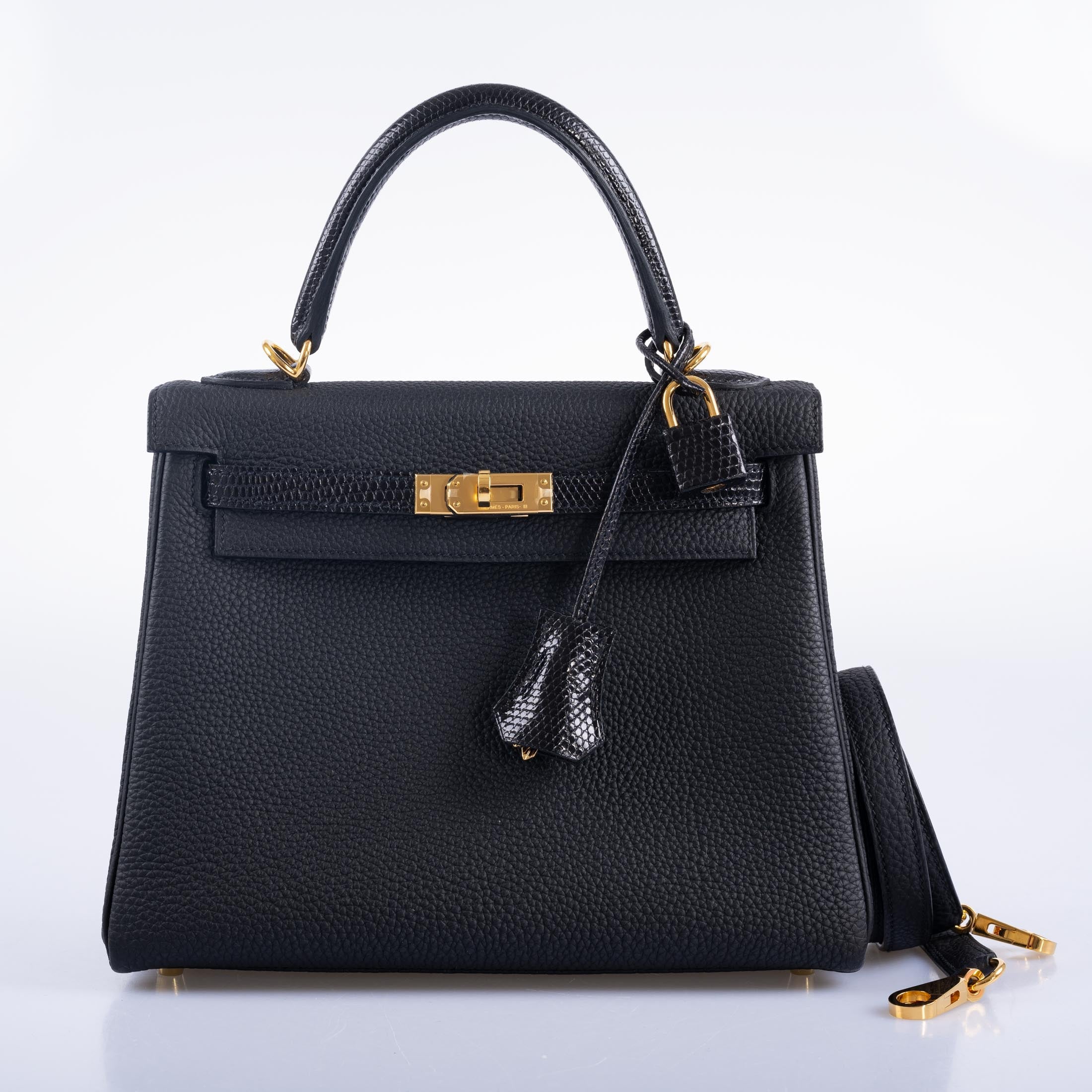 Hermès Kelly 25 Retourne Touch Black Lizard & Togo Gold Hardware