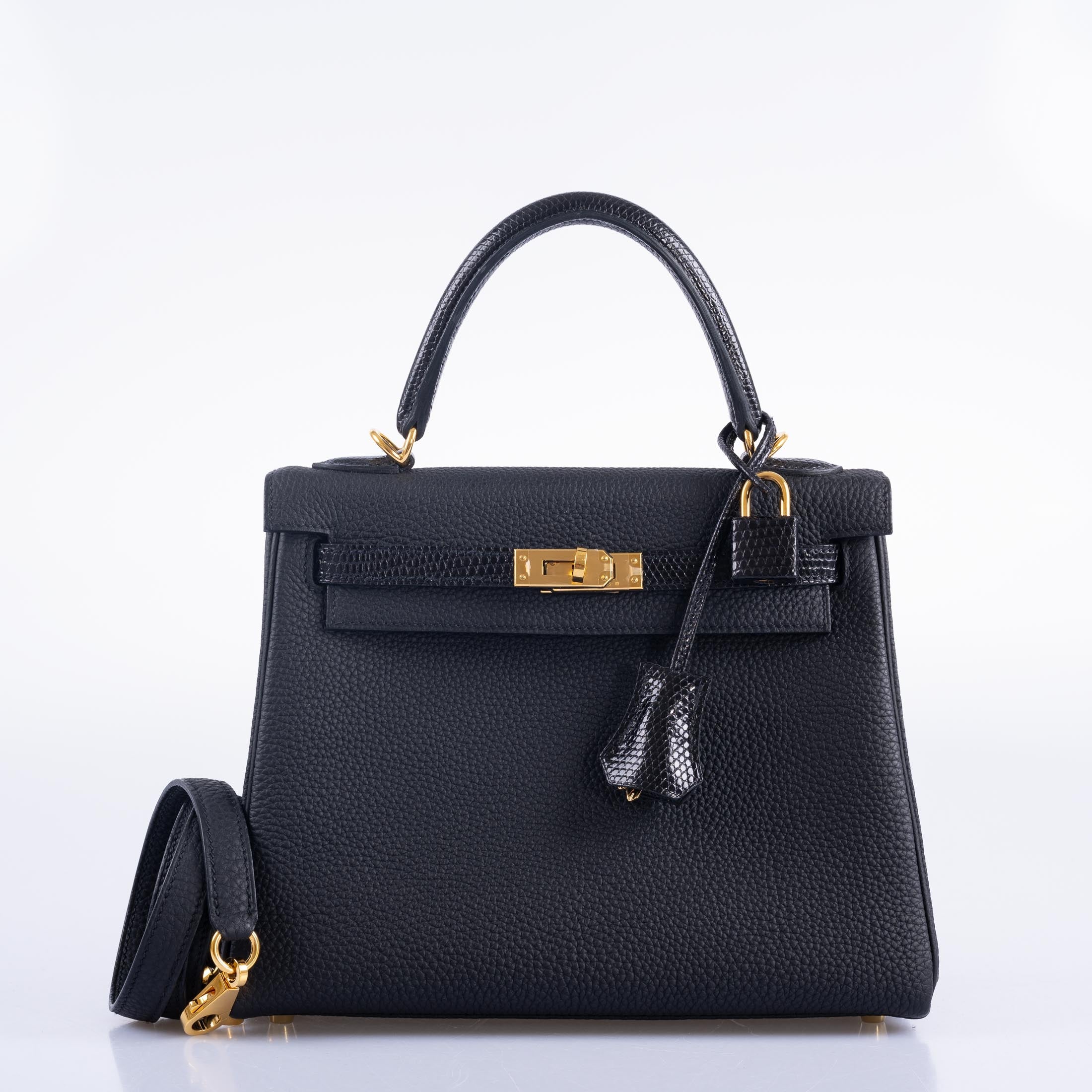 Hermès Kelly 25 Retourne Touch Black Lizard & Togo Gold Hardware