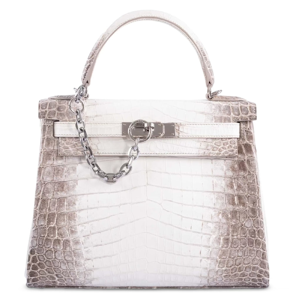 Hermès Kelly 25 Retourne White Himalayan Niloticus Crocodile Palladium Hardware, front view