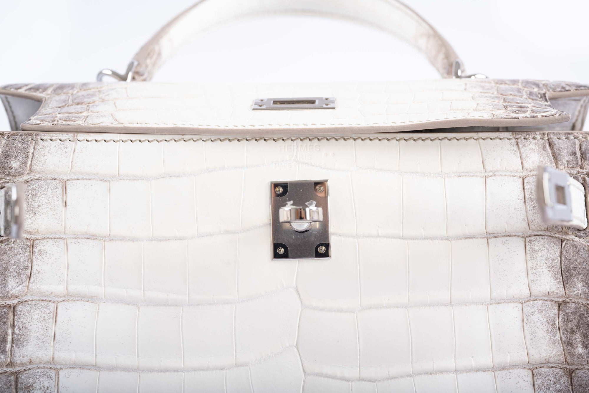 Hermès Kelly 25 Retourne White Himalayan Niloticus Crocodile Palladium Hardware