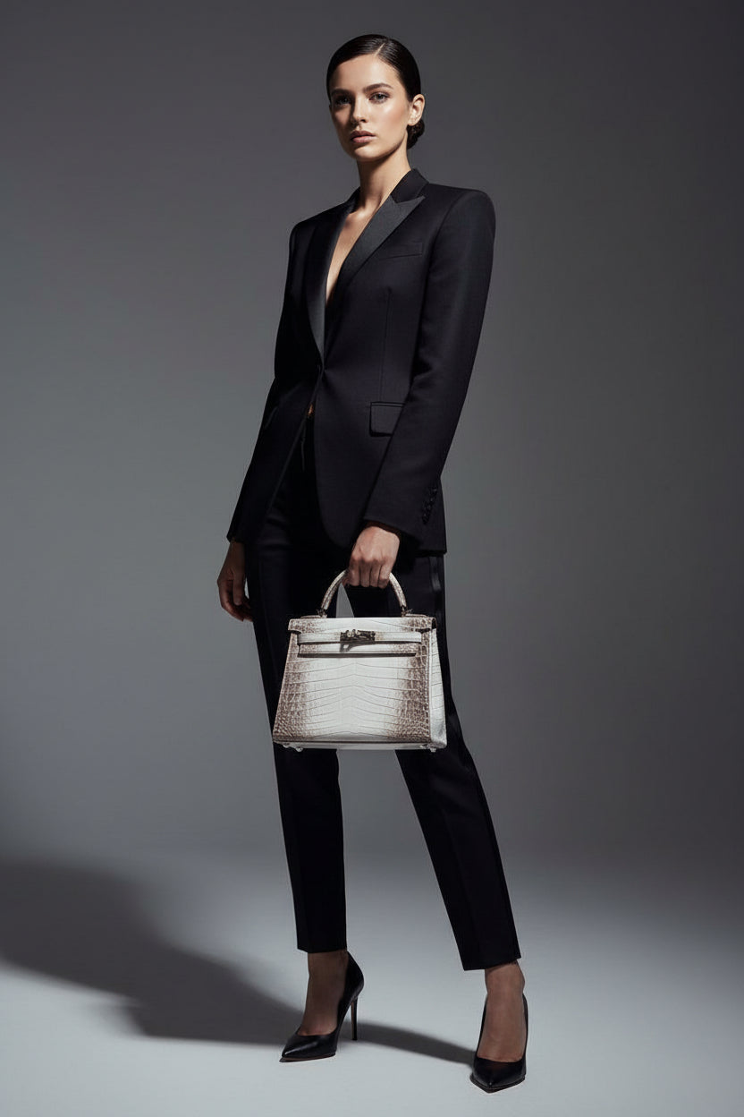 Hermès Kelly 25 Retourne White Himalayan Niloticus Crocodile Palladium Hardware