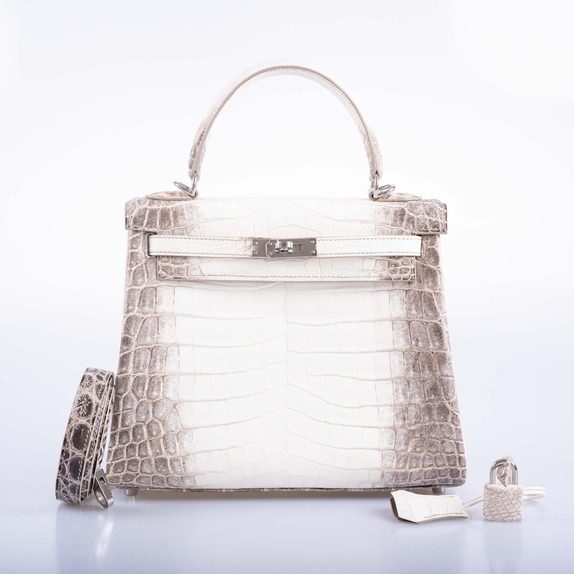 Hermès Kelly 25 Retourne White Himalayan Niloticus Crocodile Palladium Hardware