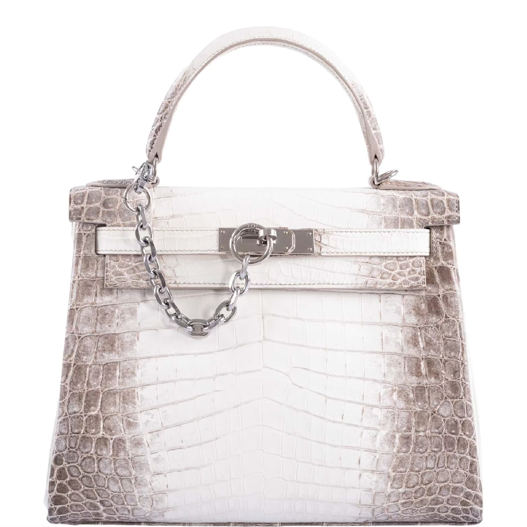 Hermès Kelly 25 Retourne White Himalayan Niloticus Crocodile Palladium Hardware