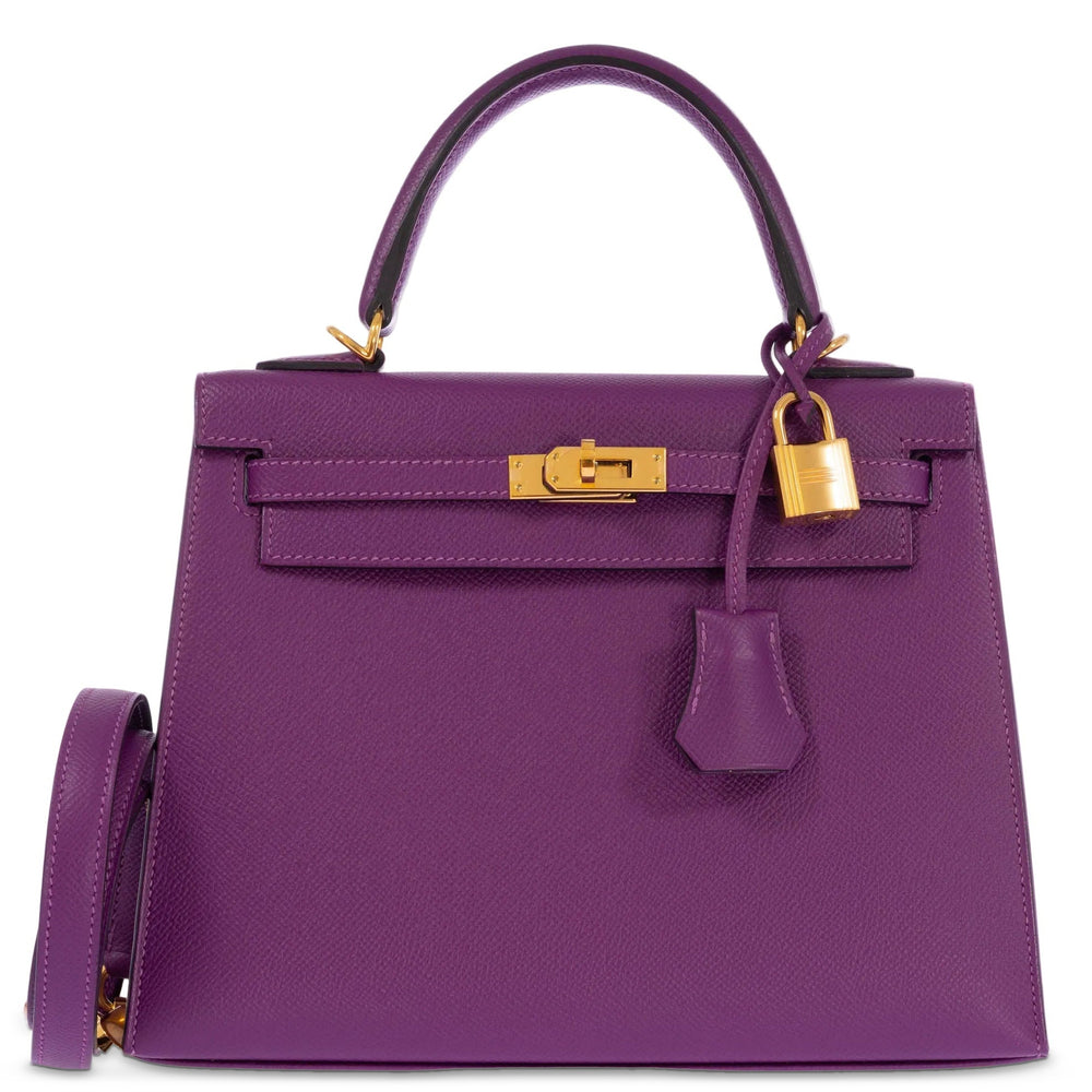 Hermès Kelly 25 Sellier Anemone Epsom Gold Hardware, front view