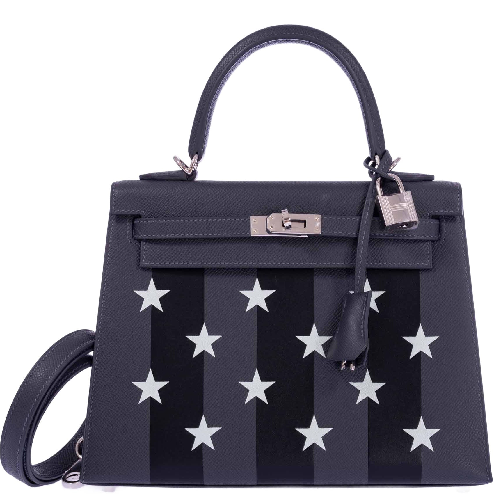 Hermès Kelly 25 Sellier Ardoise and Vert Peppermint Epsom and Black Tadelakt Casaque Etoilee Stars Palladium Hardware