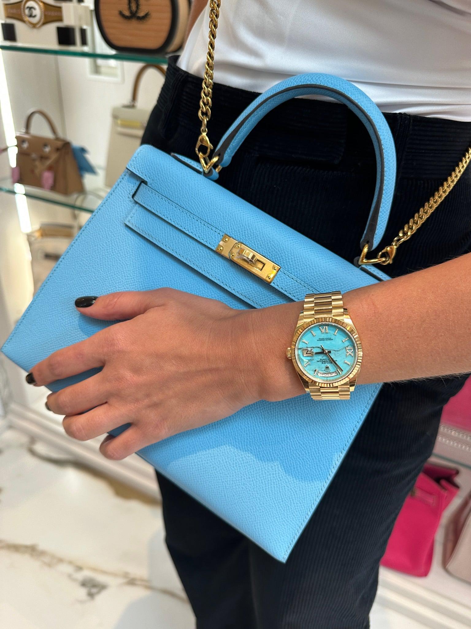 Hermès Kelly 25 Sellier Bleu Céleste Epsom Gold Hardware