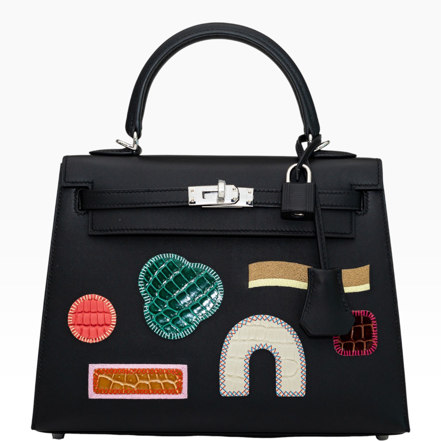 Hermès Kelly 25 Sellier Broderie Colla Noir Swift & Niloticus