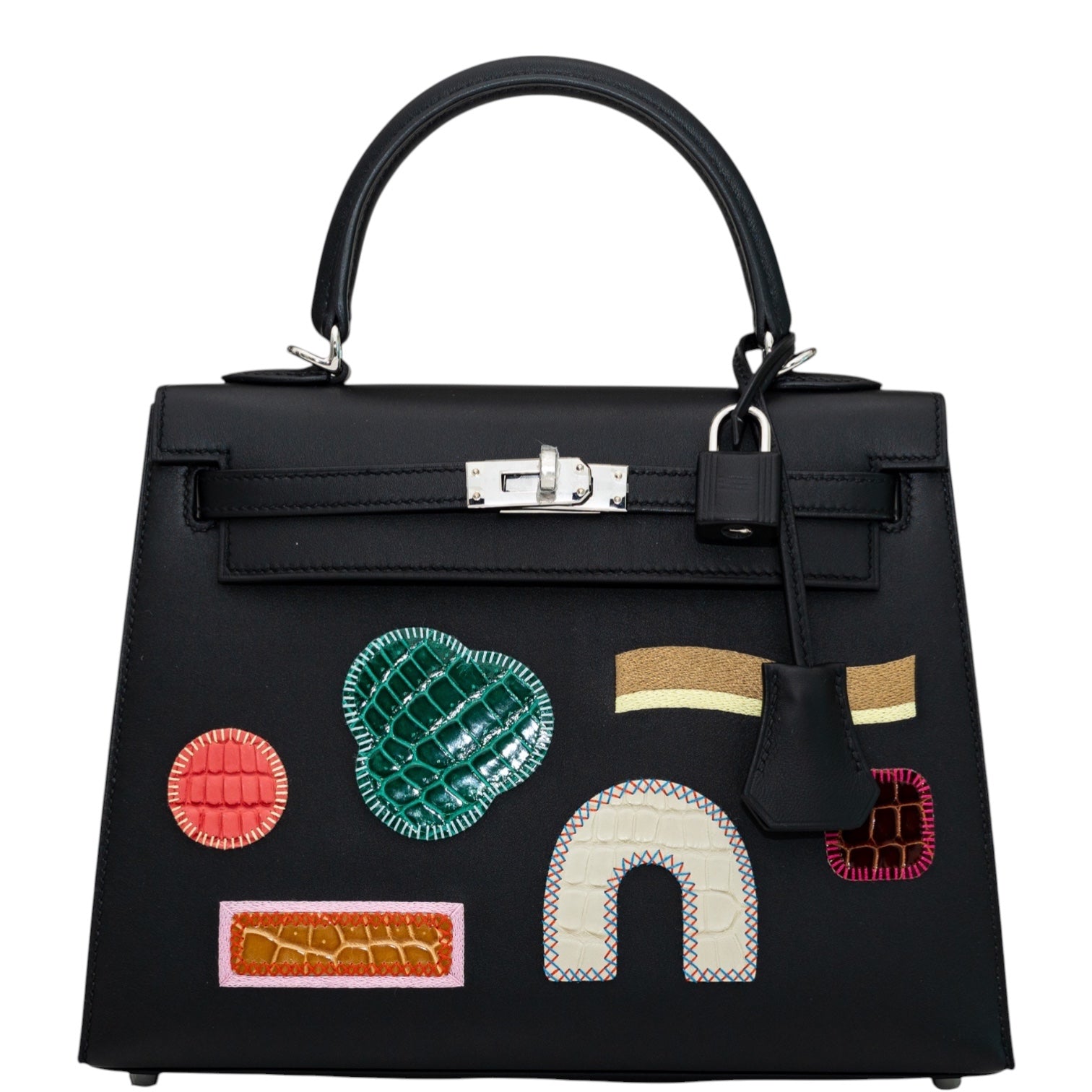 Hermès Kelly 25 Sellier Broderie Colla Noir Swift & Niloticus