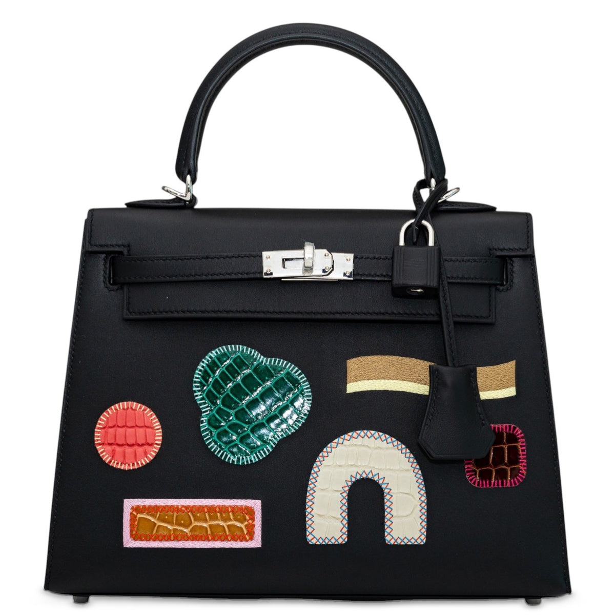 Hermès Kelly 25 Sellier Broderie Colla Noir Swift & Niloticus Crocodile Palladium Hardware, front view