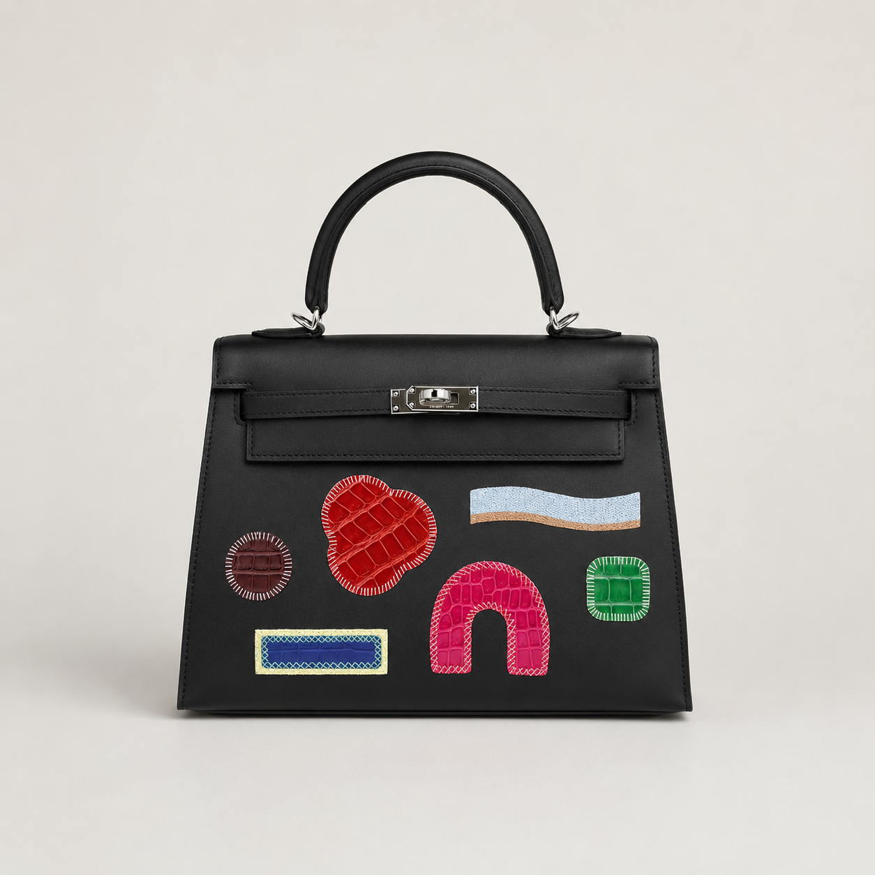 Hermès Kelly 25 Sellier Broderie Collage Noir Swift, Alligator & Crocodile Palladium Hardware