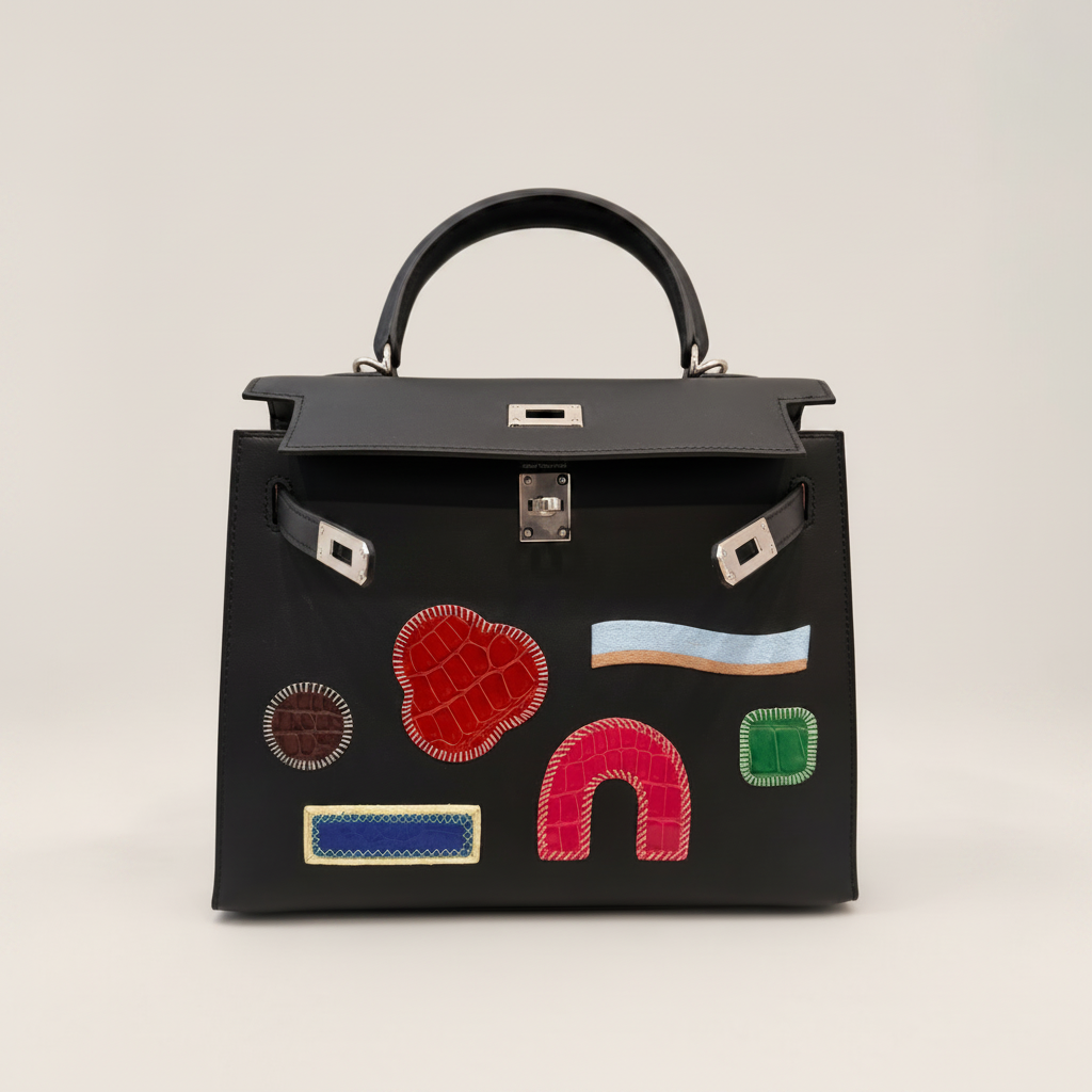 Hermès Kelly 25 Sellier Broderie Collage Noir Swift, Alligator & Crocodile Palladium Hardware