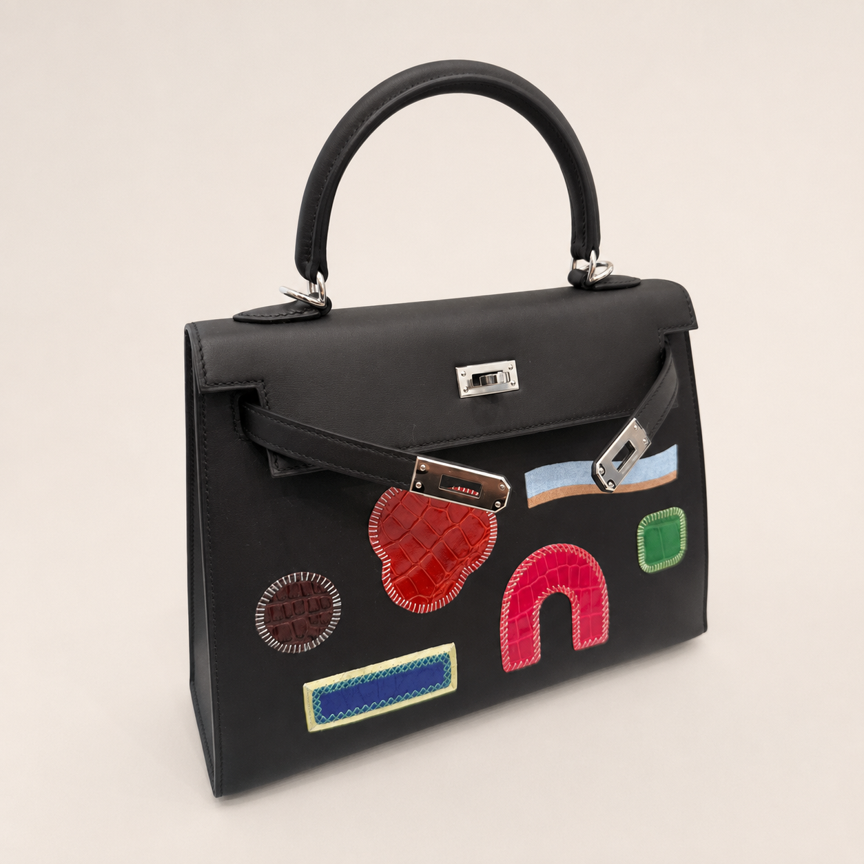 Hermès Kelly 25 Sellier Broderie Collage Noir Swift, Alligator & Crocodile Palladium Hardware