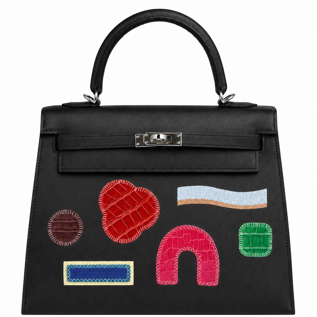 Hermès Kelly 25 Sellier Broderie Collage Noir Swift, Alligator & Crocodile Palladium Hardware