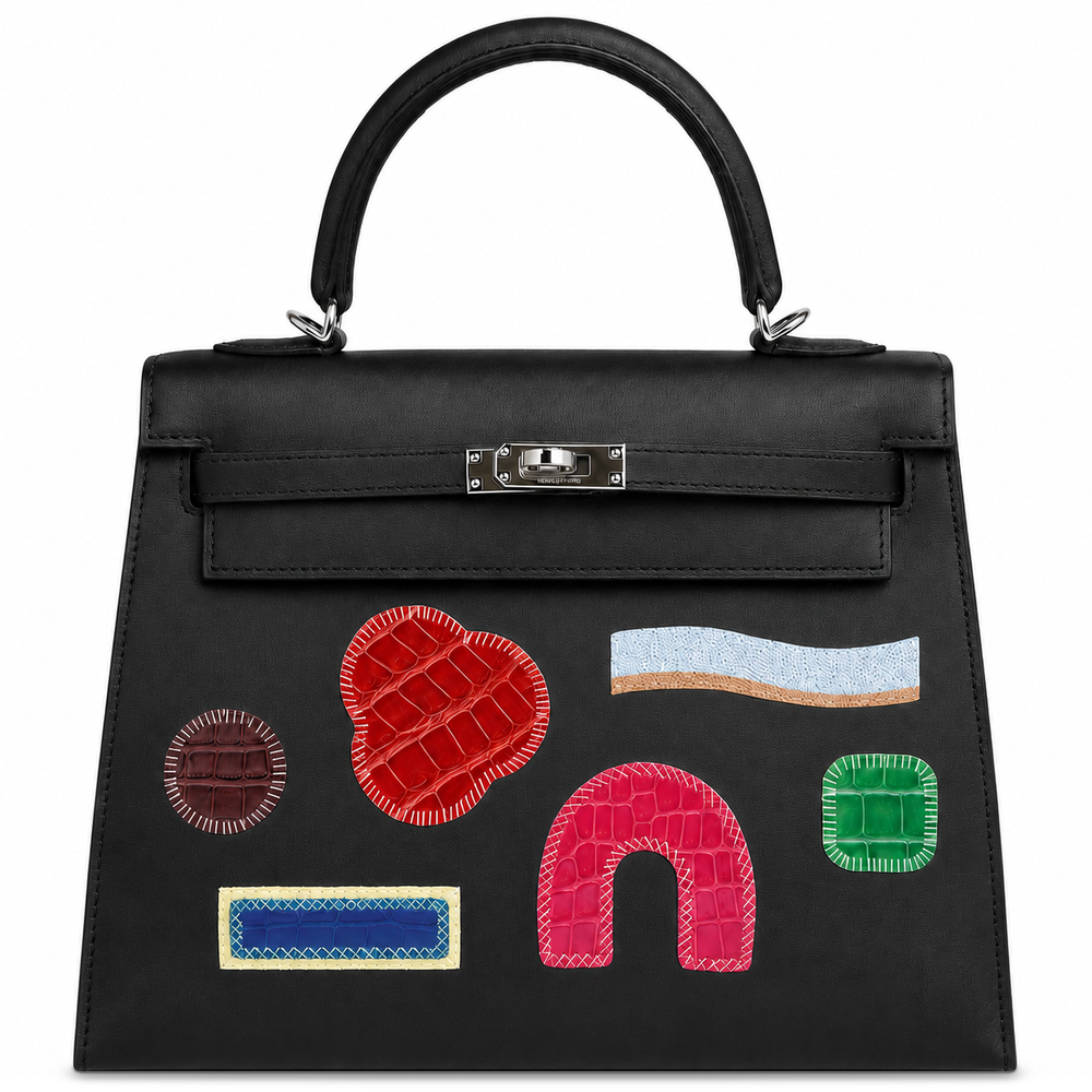 Hermès Kelly 25 Sellier Broderie Collage Noir Swift, Alligator & Crocodile Palladium Hardware, front view