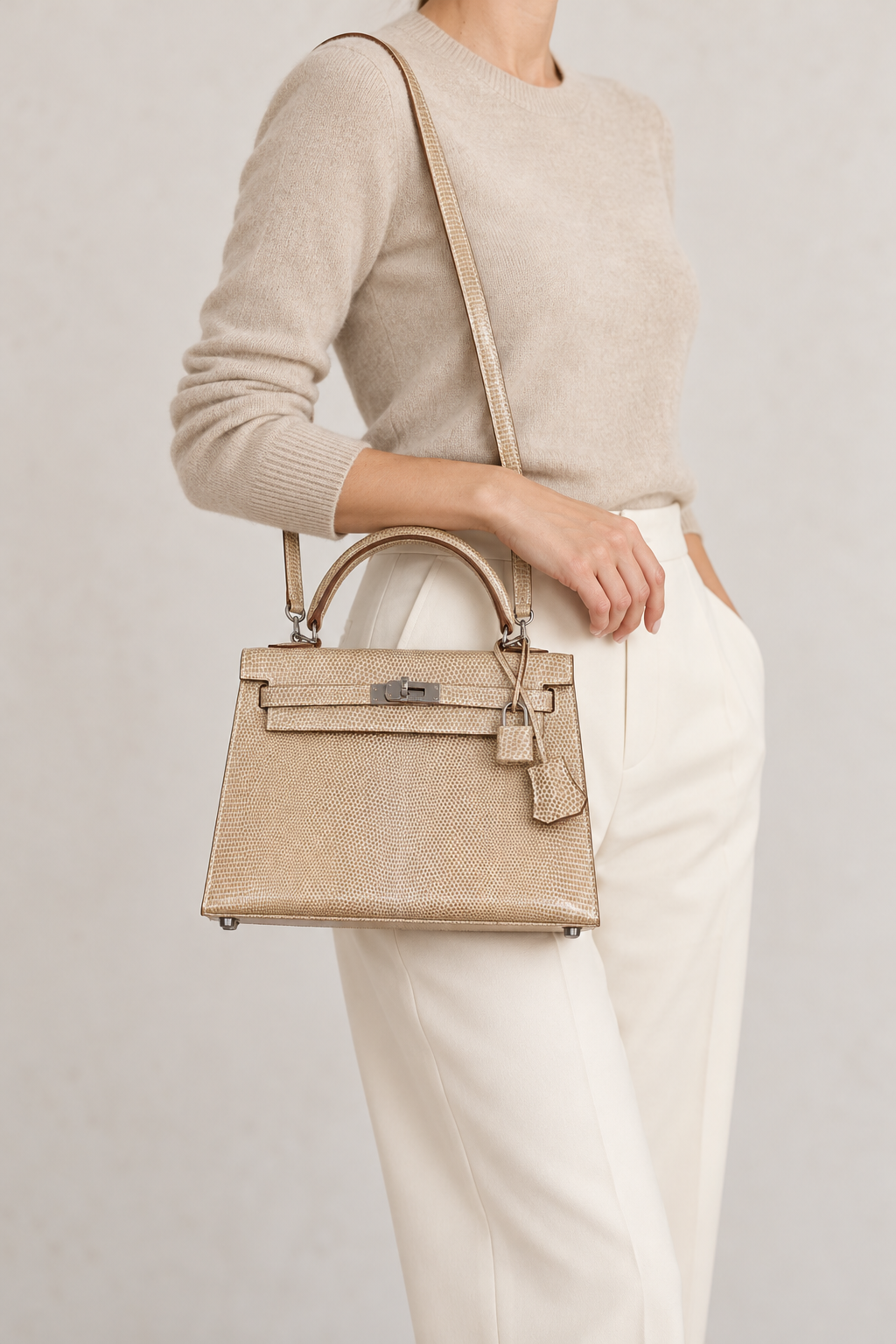 Hermès Kelly 25 Sellier Ficelle Shiny Salvator Lizard Ruthenium Hardware worn on the shoulder with its detachable strap