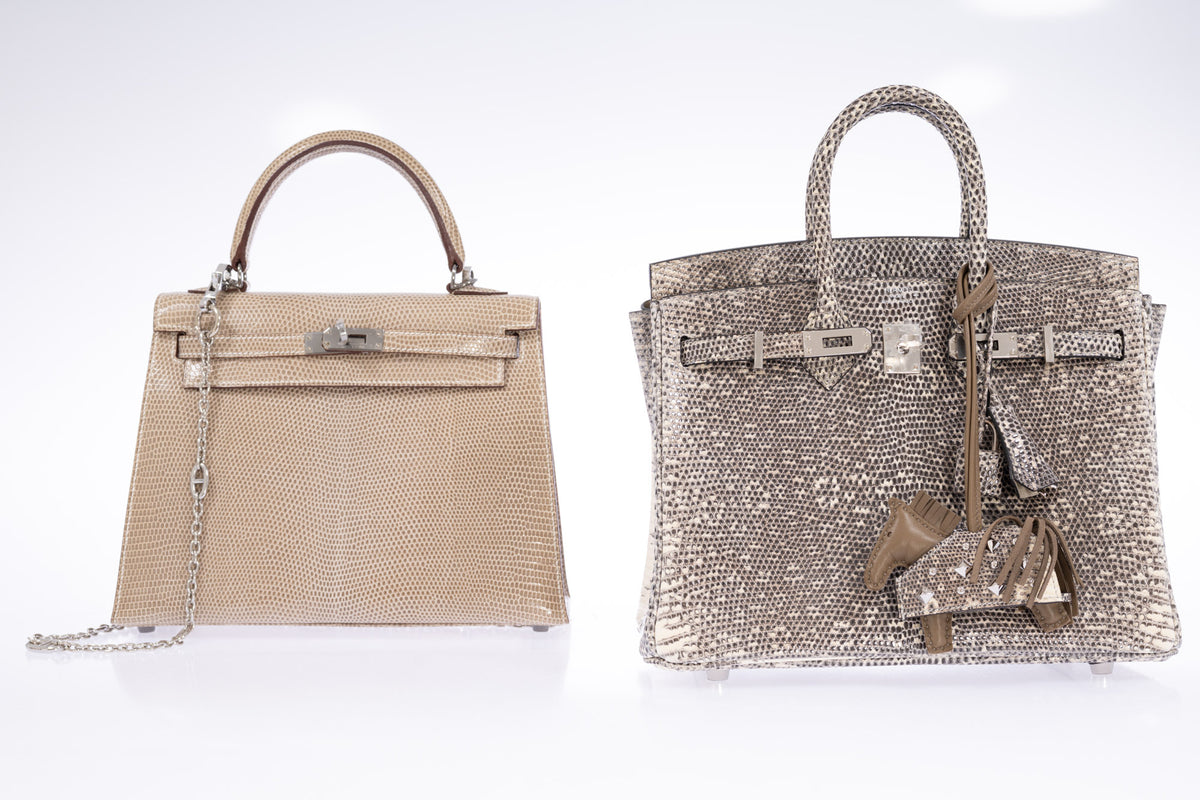 Hermès Kelly 25 Sellier Ficelle Shiny Salvator Lizard beside a Birkin 25 in Ombré Salvator lizard, with the JANEFINDS Mariner Crossbody Chain, both sold separately