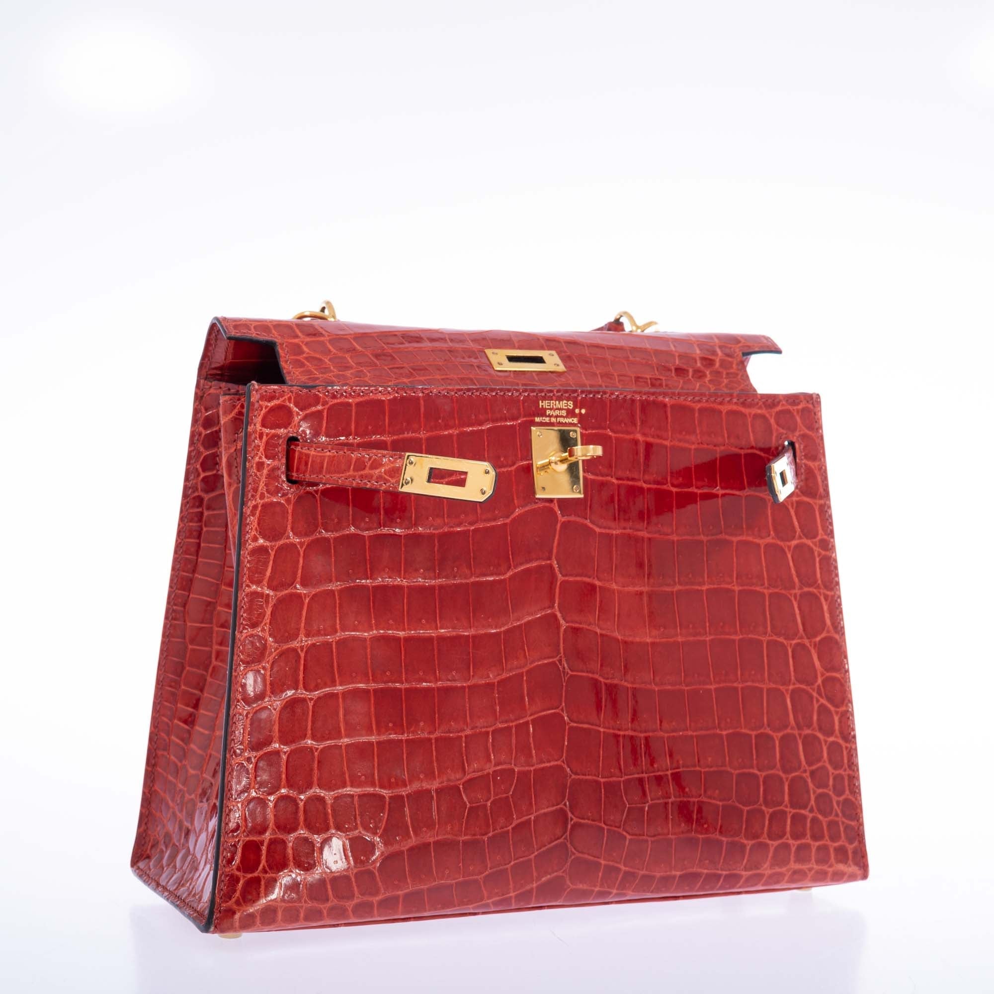 Hermès Kelly 25 Sellier Geranium Shiny Alligator Gold Hardware