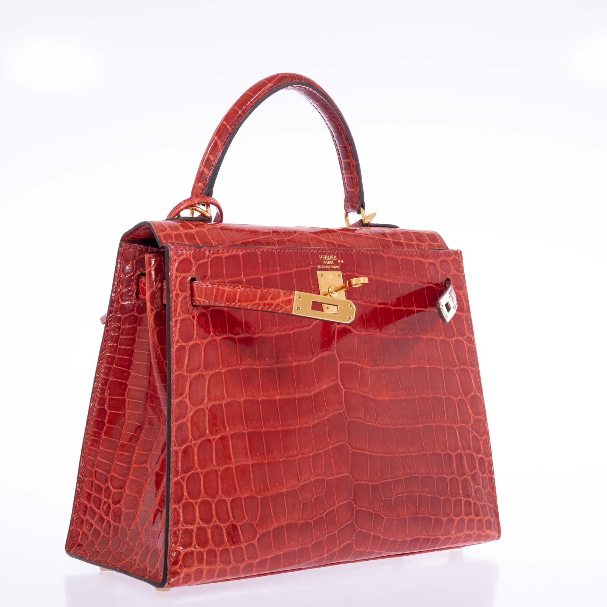 Hermès Kelly 25 Sellier Geranium Shiny Alligator Gold Hardware