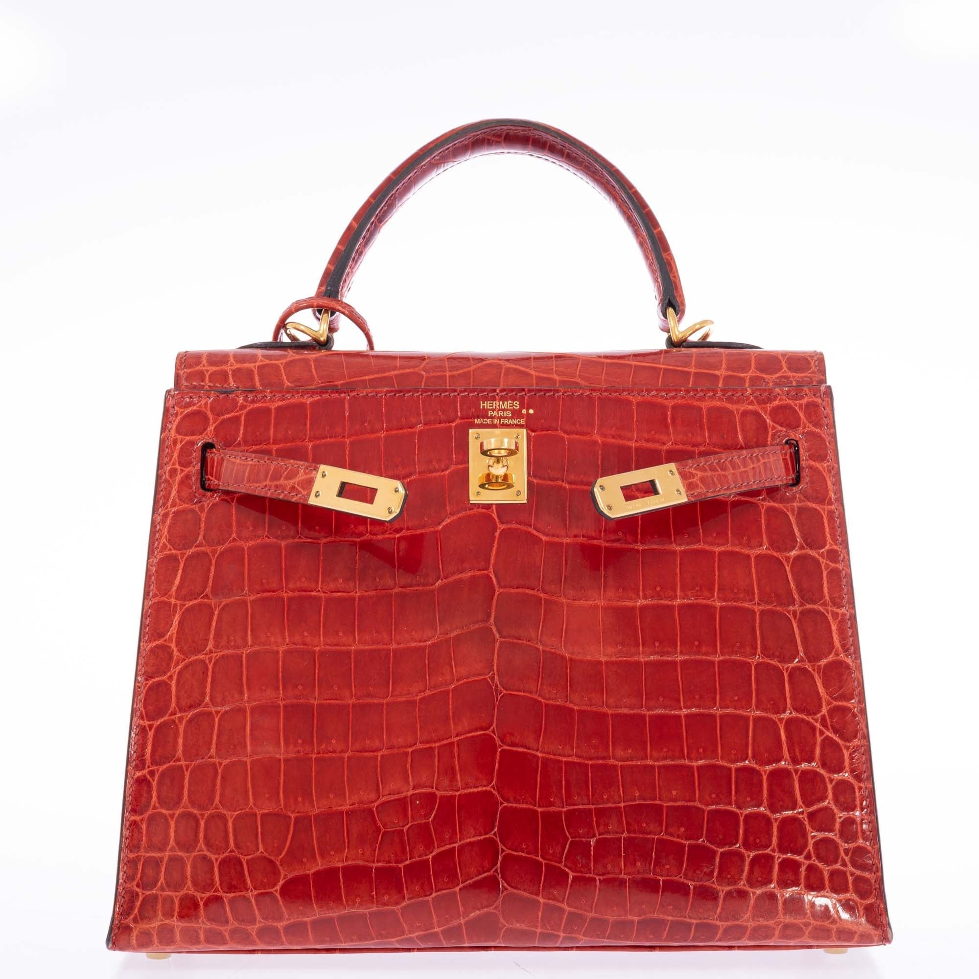 Hermès Kelly 25 Sellier Geranium Shiny Alligator Gold Hardware