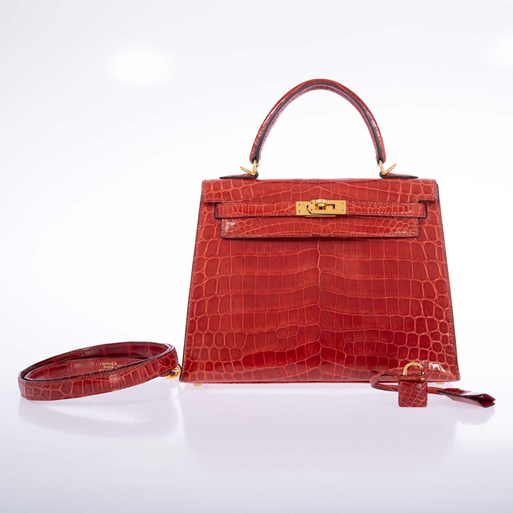 Hermès Kelly 25 Sellier Geranium Shiny Alligator Gold Hardware