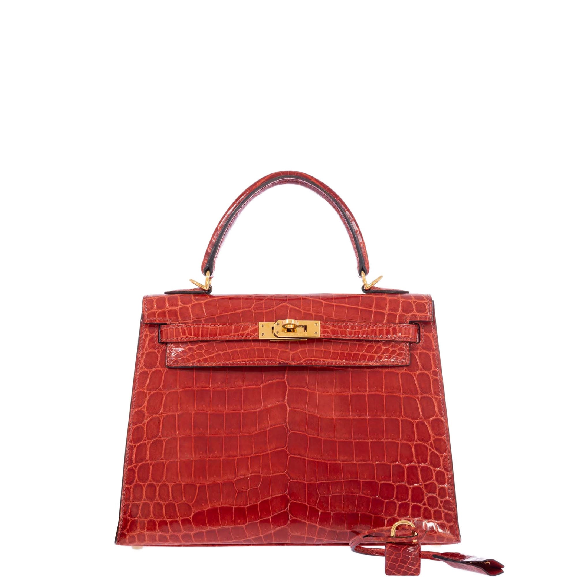 Hermès Kelly 25 Sellier Geranium Shiny Alligator Gold Hardware