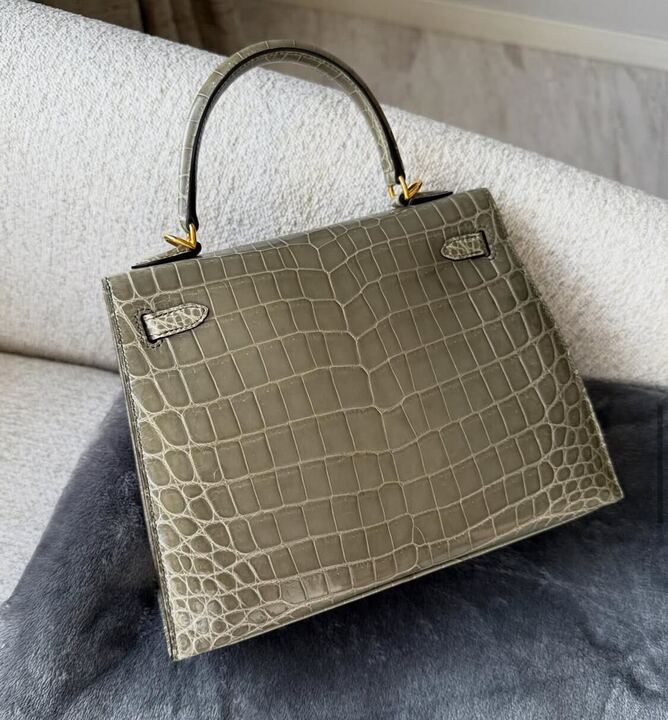 Hermès Kelly 25 Sellier Gris Tourterelle Shiny Niloticus Gold Hardware, rear view