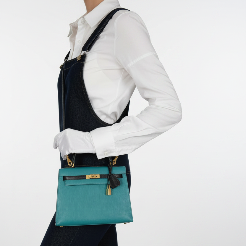 Hermès Kelly 25 Sellier HSS Bi-Color Bleu Paon and Noir Chèvre Mysore Gold Hardware