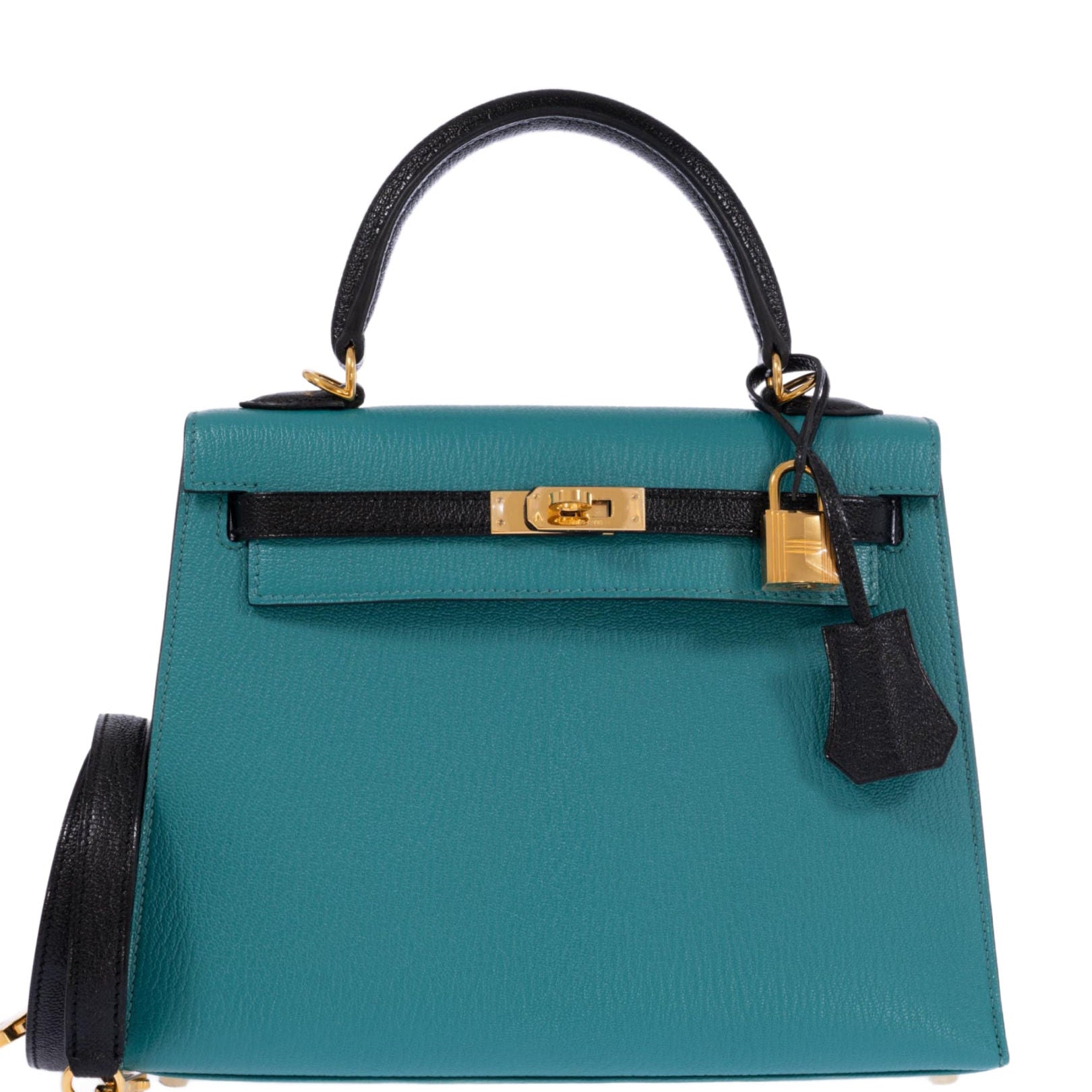 Hermès Kelly 25 Sellier HSS Bi-Color Bleu Paon and Noir Chèvre Mysore Gold Hardware