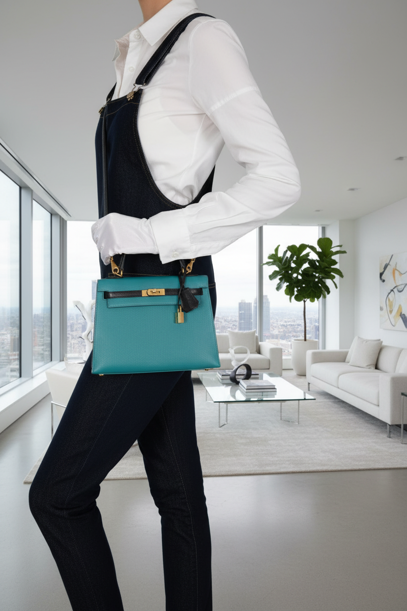 Hermès Kelly 25 Sellier HSS Special Order Blue Paon & Black Chèvre Mysore Gold Hardware