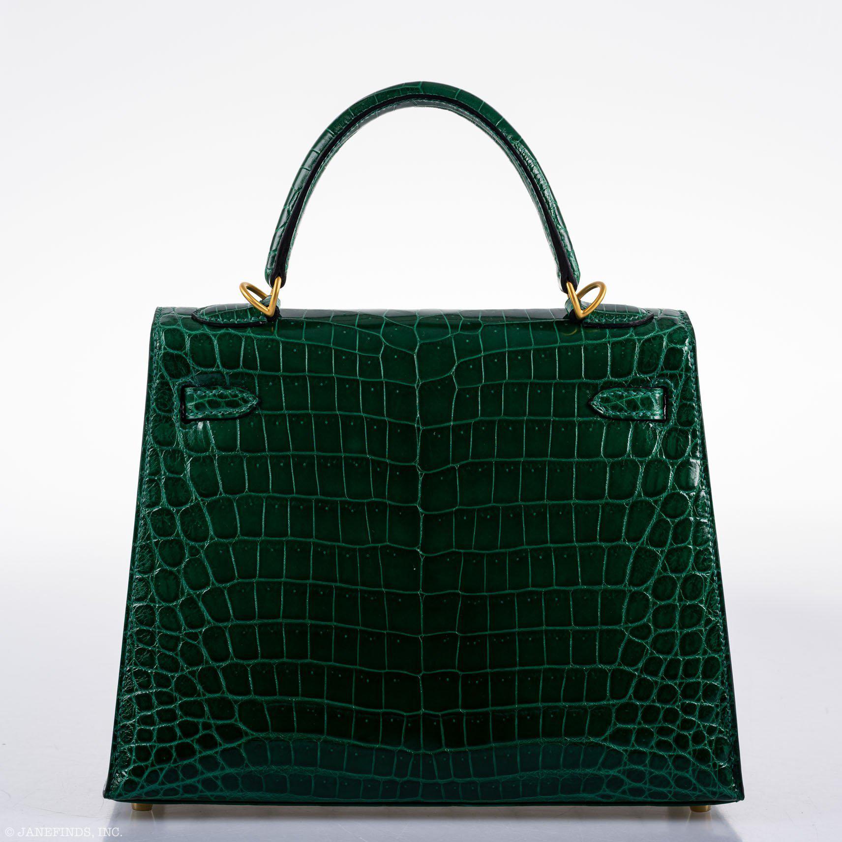 Hermès Kelly 25 Sellier HSS Vert Émeraude Shiny Niloticus Crocodile Bleu Marine Interior Brushed Gold Hardware