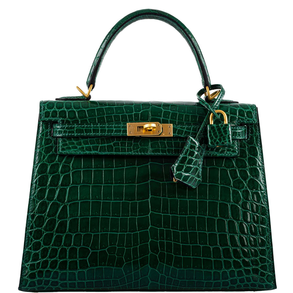 Hermès Kelly 25 Sellier HSS Vert Émeraude Shiny Niloticus Crocodile Bleu Marine Interior Brushed Gold Hardware