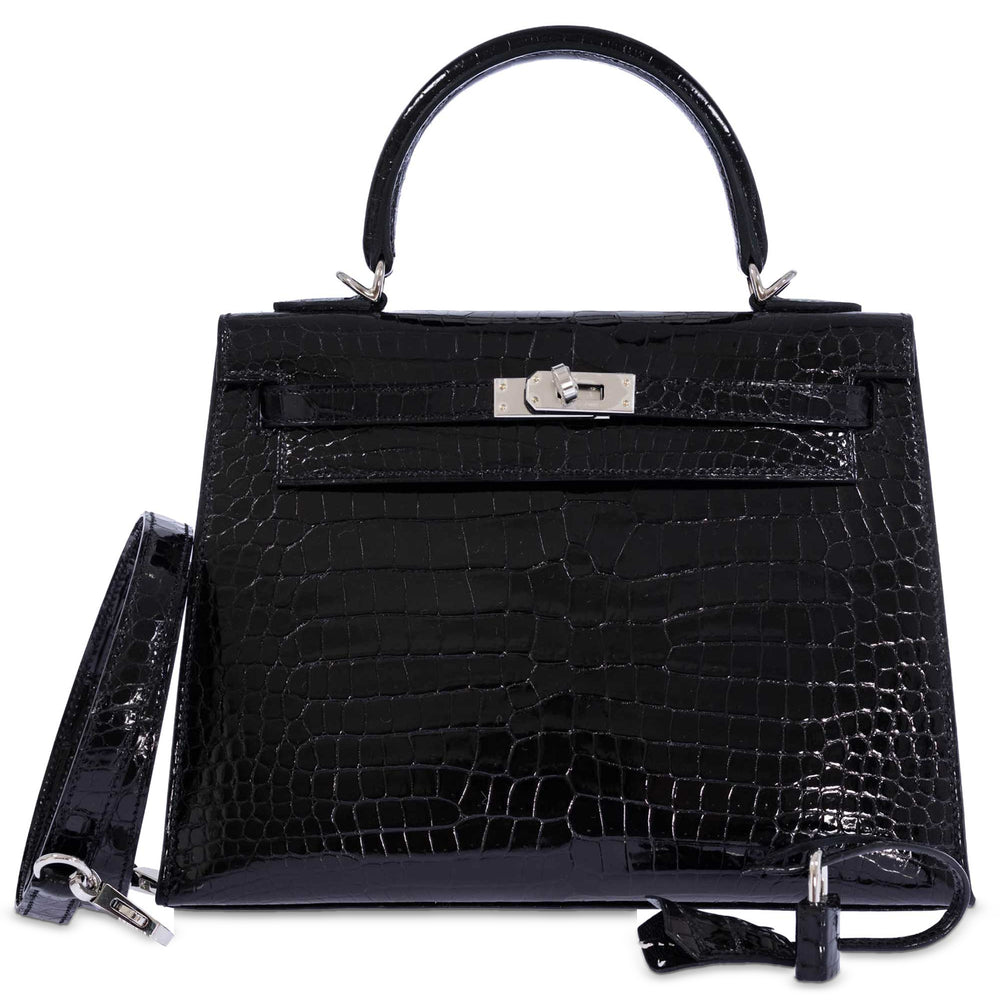 Hermès Kelly 25 Sellier Noir Shiny Porosus Crocodile Palladium Hardware, front view