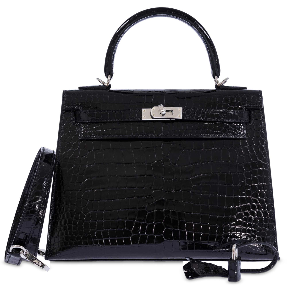 Hermès Kelly 25 Sellier Noir Shiny Porosus Crocodile Palladium Hardware, front view