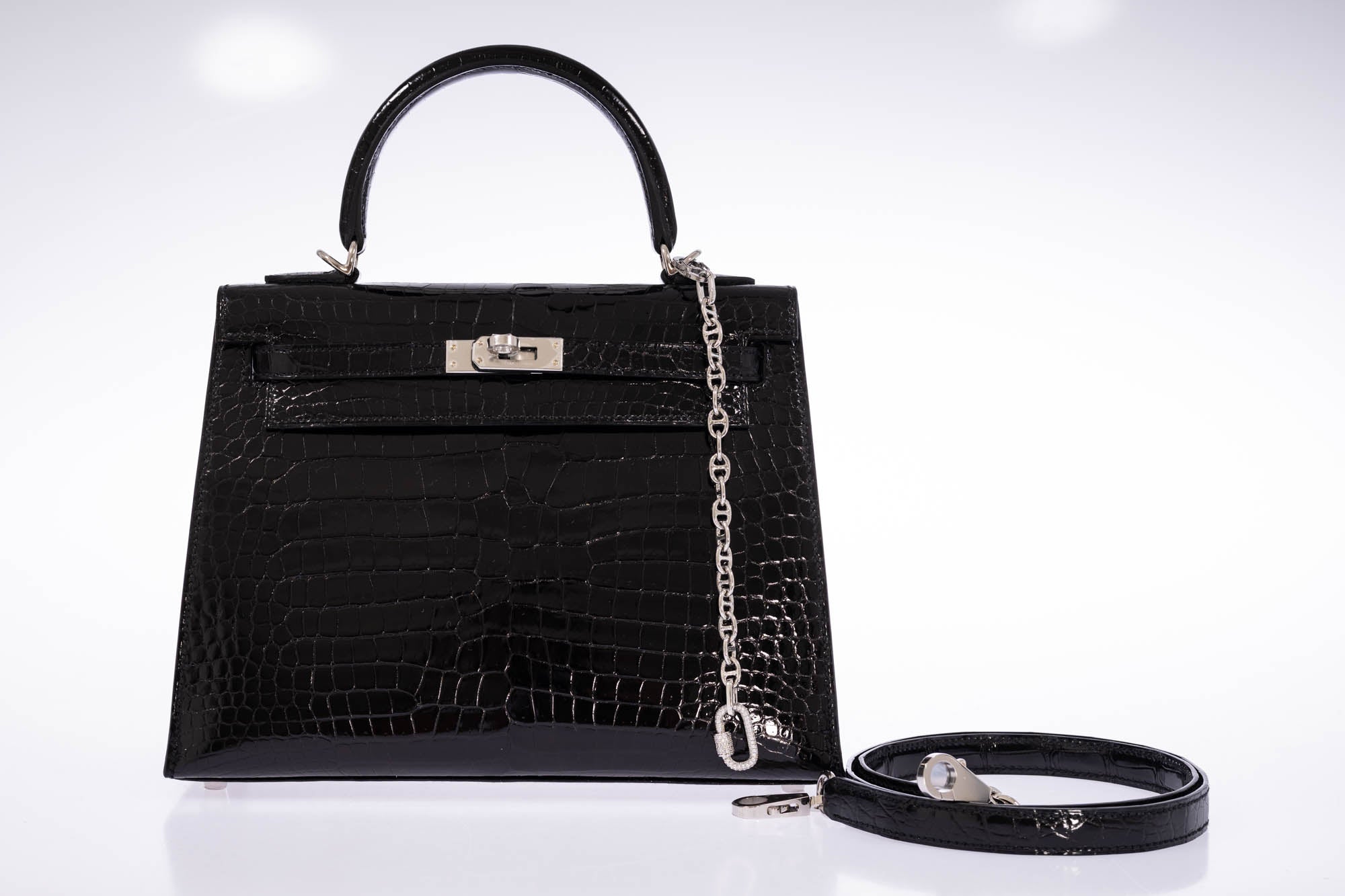 Hermès Kelly 25 Sellier Noir Shiny Porosus Crocodile Palladium
