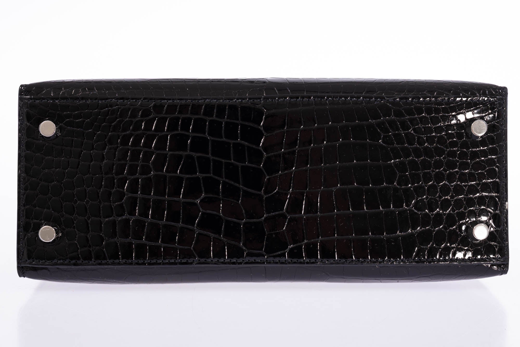 Hermès Kelly 25 Sellier Noir Shiny Porosus Crocodile Palladium Hardware