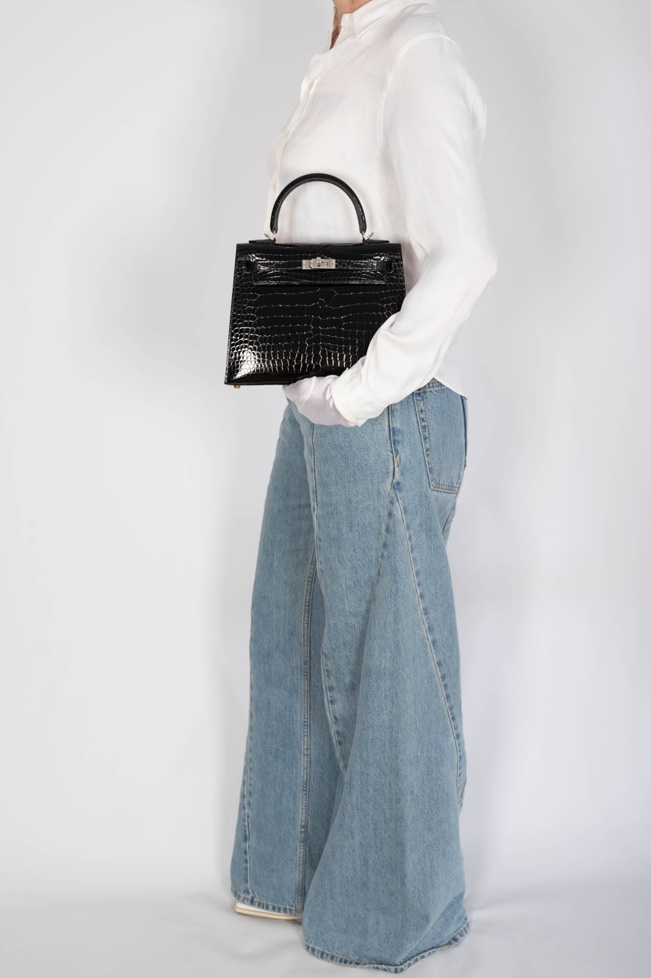 Hermès Kelly 25 Sellier Noir Shiny Porosus Crocodile Palladium Hardware