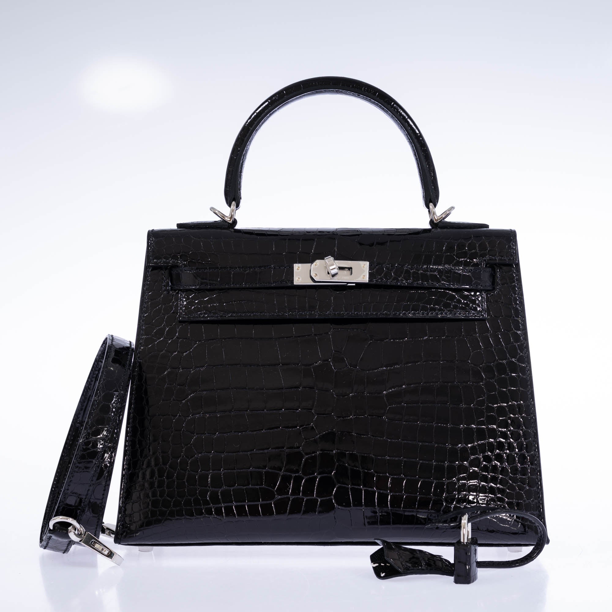 Hermès Kelly 25 Sellier Noir Shiny Porosus Crocodile Palladium Hardware