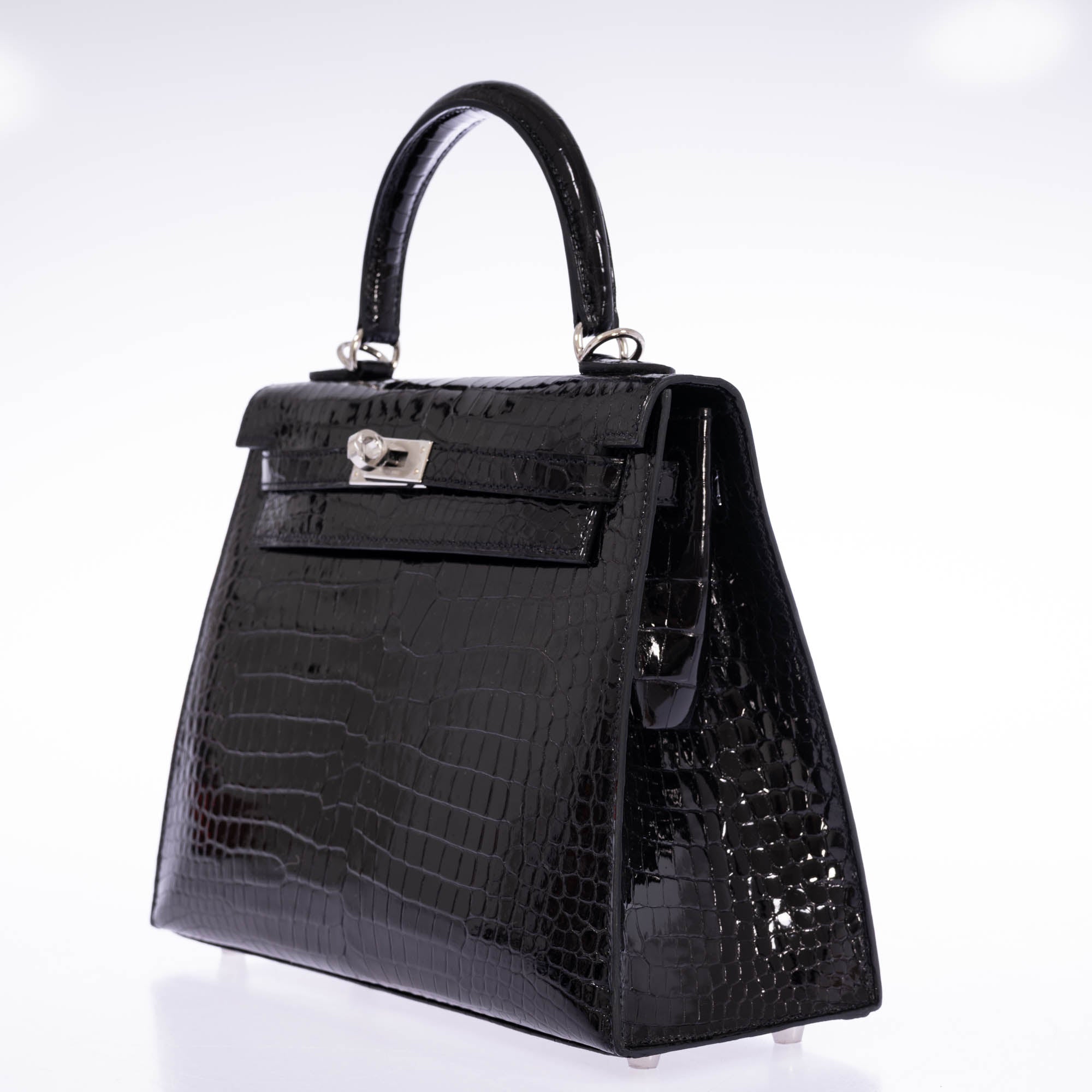 Hermès Kelly 25 Sellier Noir Shiny Porosus Crocodile Palladium Hardware
