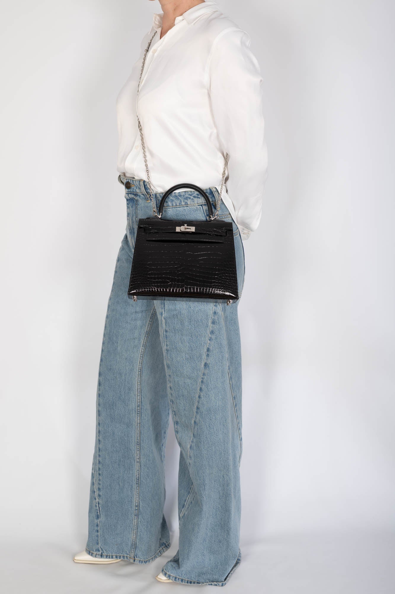 Hermès Kelly 25 Sellier Noir Shiny Porosus Crocodile Palladium Hardware