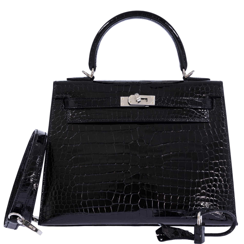Hermès Kelly 25 Sellier Noir Shiny Porosus Crocodile Palladium Hardware