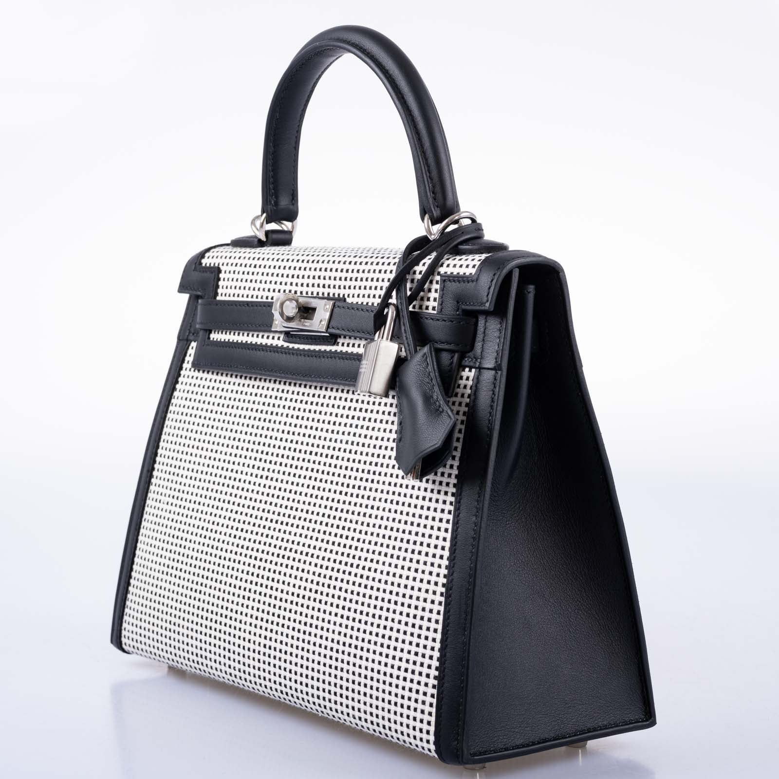 Hermès Kelly 25 Sellier Quadrille Black and White Viking Toile and Swift Palladium Hardware