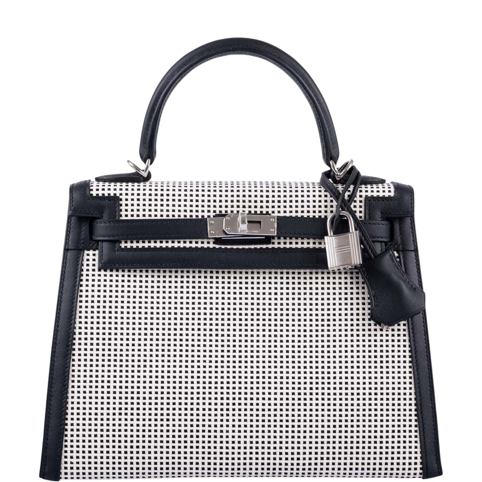 Hermès Kelly 25 Sellier Quadrille Black and White Viking Toile and Swift Palladium Hardware