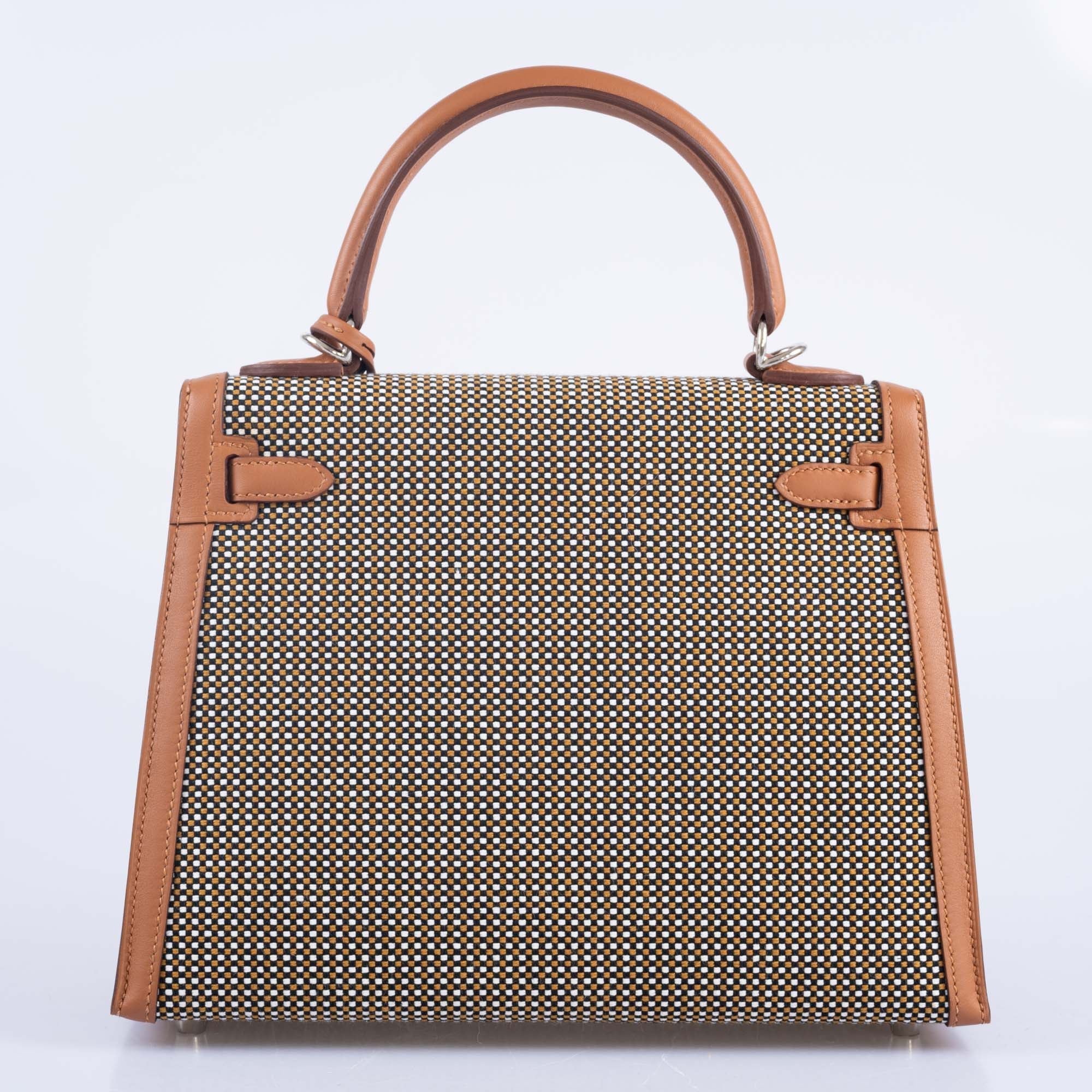 Hermès Kelly 25 Sellier Quadrille Sesame Swift and Canvas Palladium Hardware