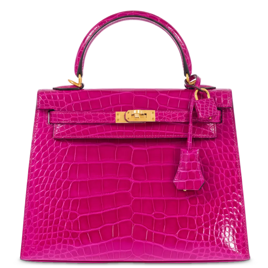 Hermès Kelly 25 Sellier Rose Pourpre Shiny Niloticus Crocodile Gold Hardware, front view