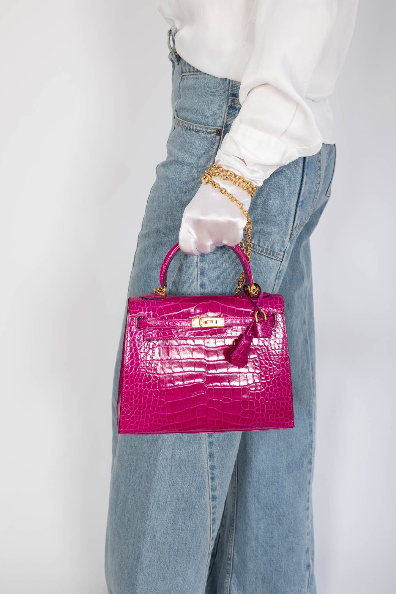 Hermès Kelly 25 Sellier Rose Pourpre Shiny Niloticus Crocodile Gold Hardware
