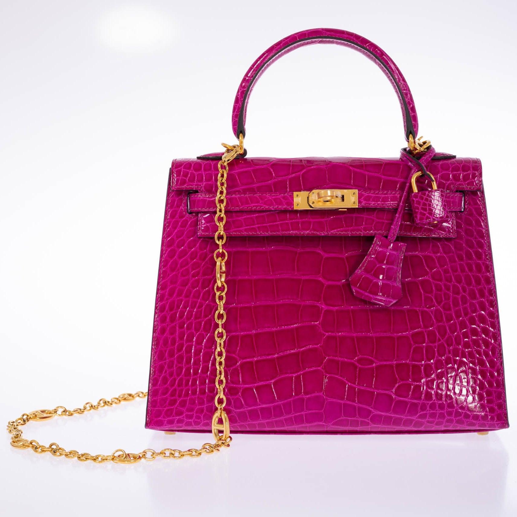 Hermès Kelly 25 Sellier Rose Pourpre Shiny Niloticus Crocodile Gold Hardware