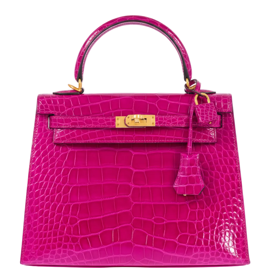 Hermès Kelly 25 Sellier Rose Pourpre Shiny Niloticus Crocodile Gold Hardware