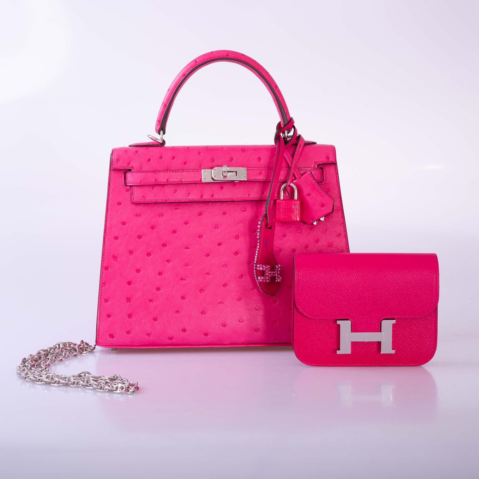 Hermès Kelly 25 Sellier Rose Tyrien Ostrich Palladium Hardware